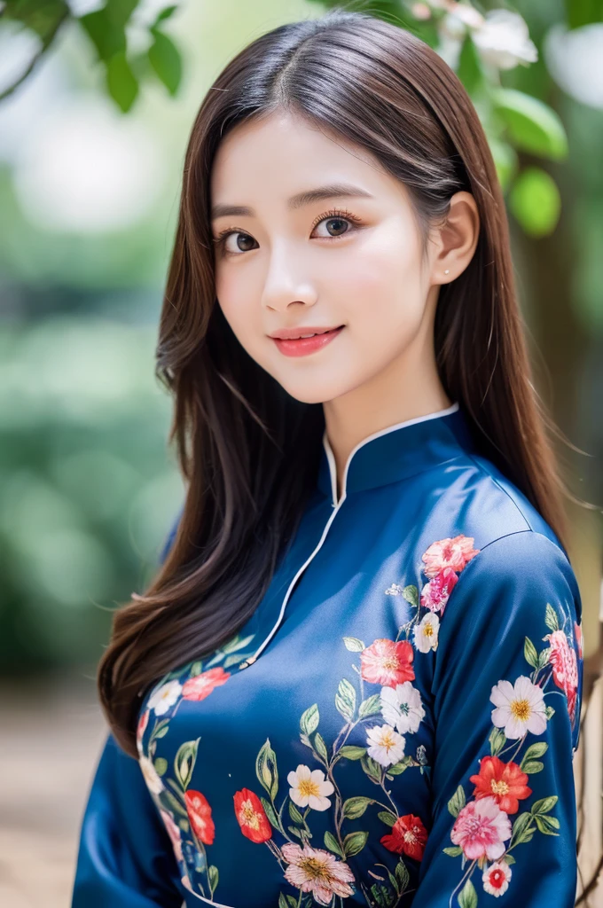 traditional clothes ,dark blue ao dai, ao dai, vietnamese girl, vietnam, vietnamese, satin, pretty girl, wide smile , long hair, Realistic lighting, delicate face, cute expression, Body perfect anatomy,Top Quality, 8K Resolution , full body , realistic , real human , High quality, shiny ao dai , realistic , Cinematic, Aesthetic , satin aodai, 22 year old girl, detailed and beautiful face and eyes,beautiful woman, floral patterns, flowers, flower design, flower pattern