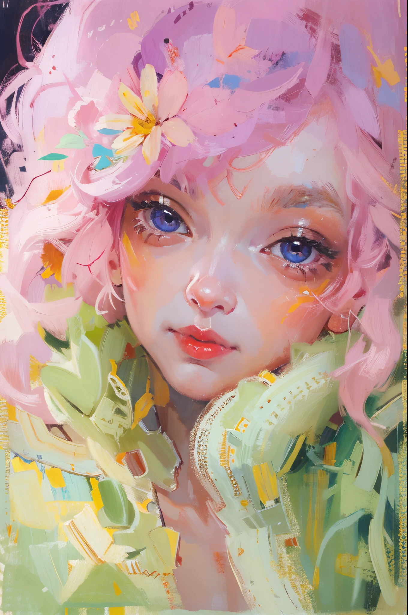 himawari,oil painted,inks,acrycle painting,tmasterpiece,Renaissance style,Best quality,A high resolution,ultradetailed,Eyes detailed,Face details,hair detail,Accurate,Clear eye focus close-up