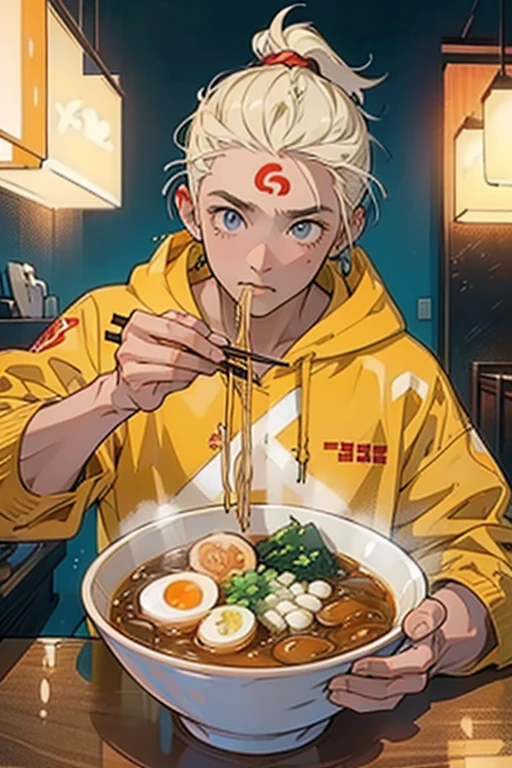 4K, High quality, Young man eating ramen, Perspective, Hand holding chopsticks, Clear hands, Good hands,Food Hoodie,forehead,base of ear,