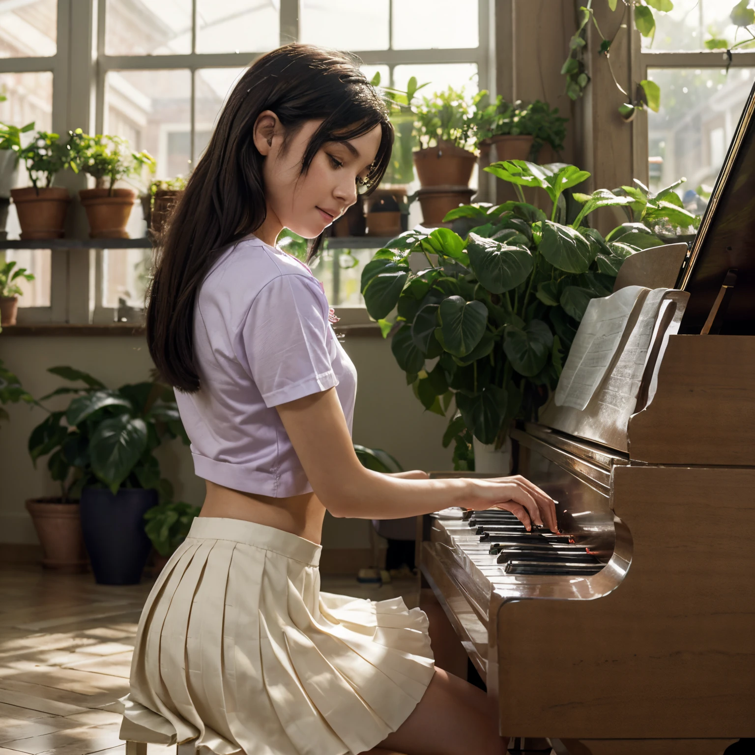 masterpiece, best quality, ray tracing,cinematic lighting, sunlight,
depth of field, blurry background, blurry foreground,
(flat:1.2),(outline), (emphasis lines), (detailed 8K wallpaper),
(from side), (cowboy shot), (1 girl playing piano:1.2), sitting, (floating musical note around girl:1.4), detailed European piano,
The girl has (short black hair), (purple eyes:1.3), eyes half closed, expressionless, smile, (solo),
The girl wearing white t-shirt with a red bow, hair flower, (pleated skirt:1.2),
BREAK
(Detailed musical notes:1.2), piano, detailed room, (greenhouse),
Blurred background, fog in the distance,masterpiece, best quality, ray tracing,cinematic lighting, sunlight,
depth of field, blurry background, blurry foreground,
(flat:1.2),(outline), (emphasis lines), (detailed 8K wallpaper),
(from side), (cowboy shot), (1 girl playing piano:1.2), sitting, (floating musical note around girl:1.4), detailed European piano,
The girl has (short black hair), (purple eyes:1.3), eyes half closed, expressionless, smile, (solo),
The girl wearing white t-shirt with a red bow, hair flower, (pleated skirt:1.2),
BREAK
(Detailed musical notes:1.2), piano, detailed room, (greenhouse),
Blurred background, fog in the distance, (Potted plants background), window (Potted plants background), window