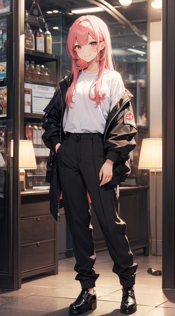 Twin-tailed, Golden hair, Pink eyes, Whole body, Standing figure, exposed navels, trouser, high-level image quality、a smile