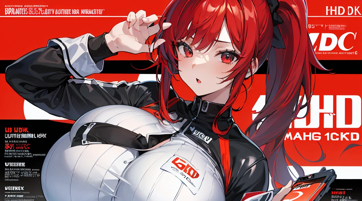 (sfw), 1girl ,((high detail, anatomically correct)), (((UHD, retina, masterpiece, ccurate, 8k))), highres, high details, award winning, ((meessy hair, high ponytail)), (Red Hair with black highlight), (ponytail), (Huge Breast, Large Breast), (race outfit), ((magazine background)),