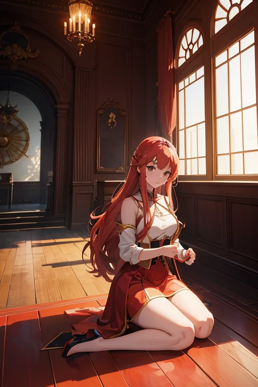 Anime scene of a woman sitting in the hall holding a red umbrella, in the throne room, Anime girl squats, anime scene, kneeling at the shiny floor, in the anime film, beautiful anime scenes, in an anime masterpiece, Boromir in the 1980s\'s anime world, anime screenshot, Today’s recommended anime is still