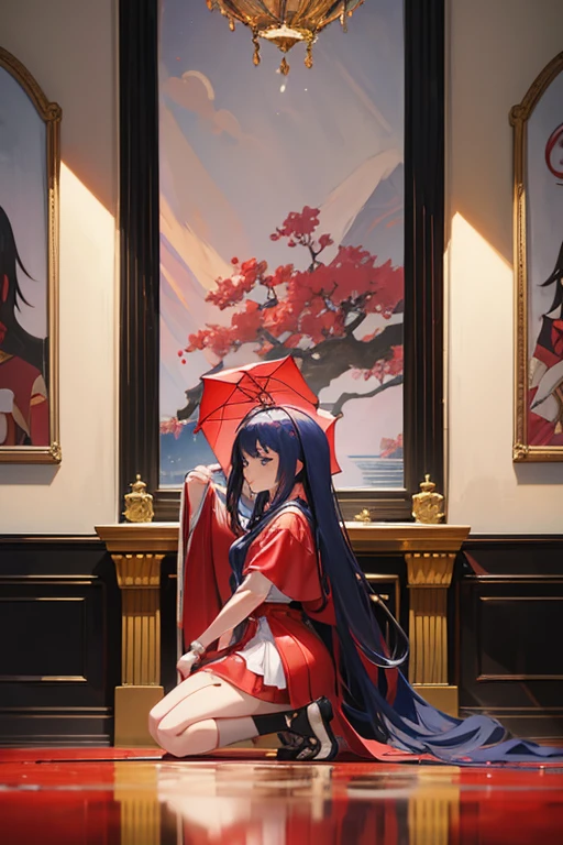 Anime scene of a woman sitting in the hall holding a red umbrella, in the throne room, Anime girl squats, anime scene, kneeling at the shiny floor, in the anime film, beautiful anime scenes, in an anime masterpiece, Boromir in the 1980s\'s anime world, anime screenshot, Today’s recommended anime is still