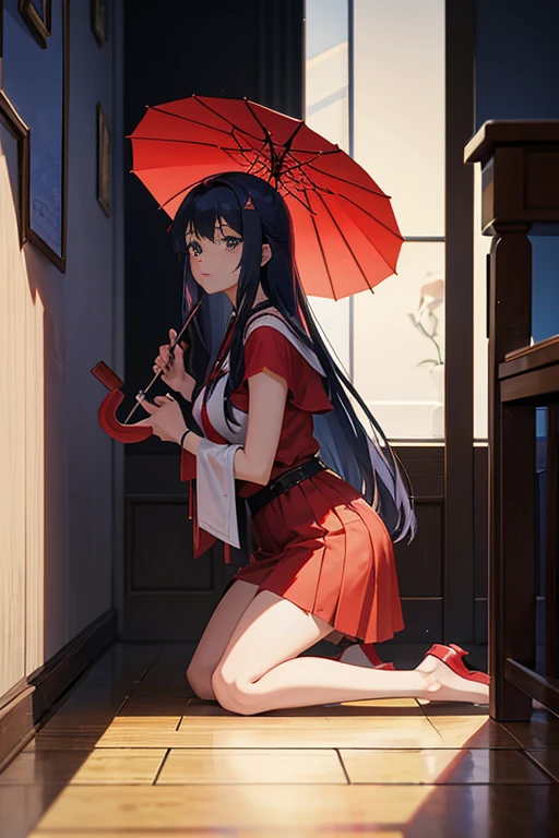 Anime scene of a woman sitting in the hall holding a red umbrella, in the throne room, Anime girl squats, anime scene, kneeling at the shiny floor, in the anime film, beautiful anime scenes, in an anime masterpiece, Boromir in the 1980s\'s anime world, anime screenshot, Today’s recommended anime is still