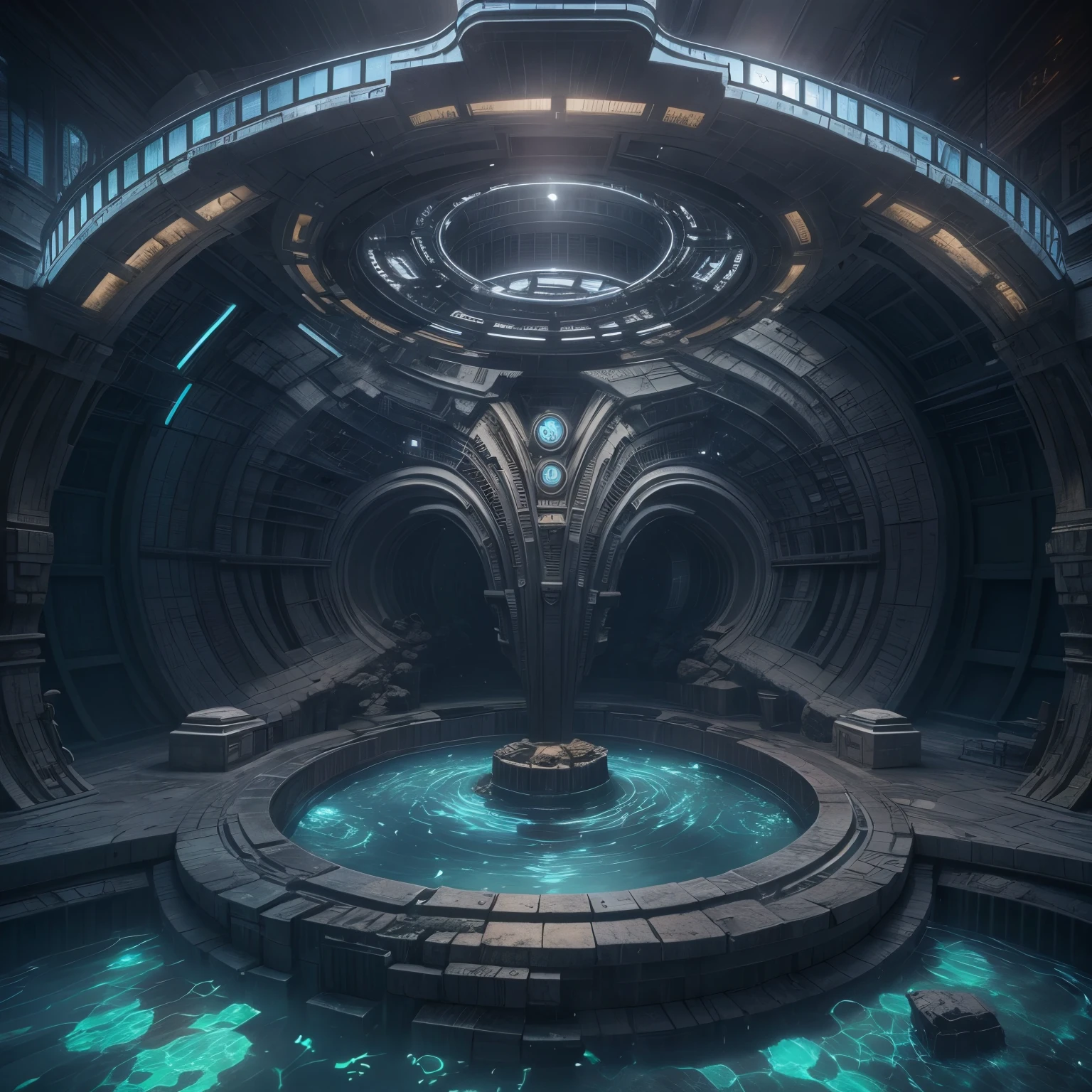 ((SeaArt Logo)) !Highest quality! Masterpiece! Cinematic image. 3D visualization. The scene was recreated using Unreal Engine. The highest quality, details, textures, materials, and clear forms (smooth bionic, synthetic material, artificial stone, plastic, metal). Black radiance from the depths of forms, an alien ship, an alien civilization, alien worlds. One creature. Frontal camera view, perspective, with watery ceilings, deep grotto, and membrane floor.