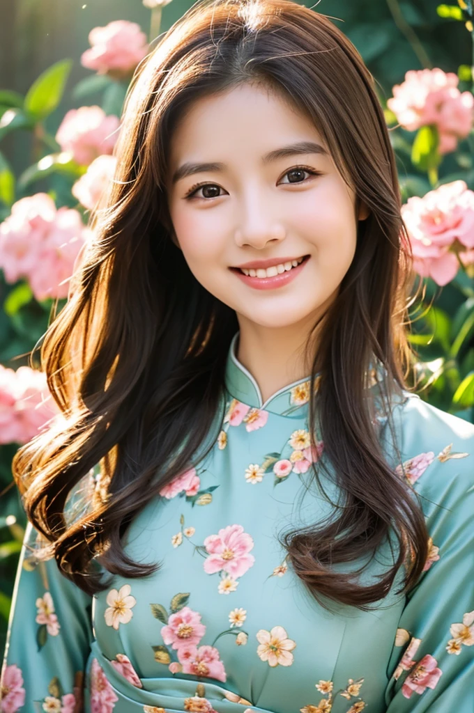 traditional clothes ,turqoise ao dai, ao dai, vietnamese girl, vietnam, vietnamese, satin, pretty girl, wide smile , long hair, Realistic lighting, delicate face, cute expression, Body perfect ???????,Top Quality, 8K Resolution , full body , realistic , real human , High quality, shiny ao dai  , realistic , Cinematic, Aesthetic , satin aodai, 22 year old girl, detailed and beautiful face and eyes,beautiful woman, floral patterns, flowers, flower design, flower pattern