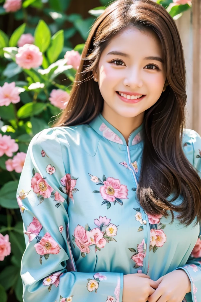 traditional clothes ,turqoise ao dai, ao dai, vietnamese girl, vietnam, vietnamese, satin, pretty girl, wide smile , long hair, Realistic lighting, delicate face, cute expression, Body perfect anatomy,Top Quality, 8K Resolution , full body , realistic , real human , High quality, shiny ao dai  , realistic , Cinematic, Aesthetic , satin aodai, 22 year old girl, detailed and beautiful face and eyes,beautiful woman, floral patterns, flowers, flower design, flower pattern