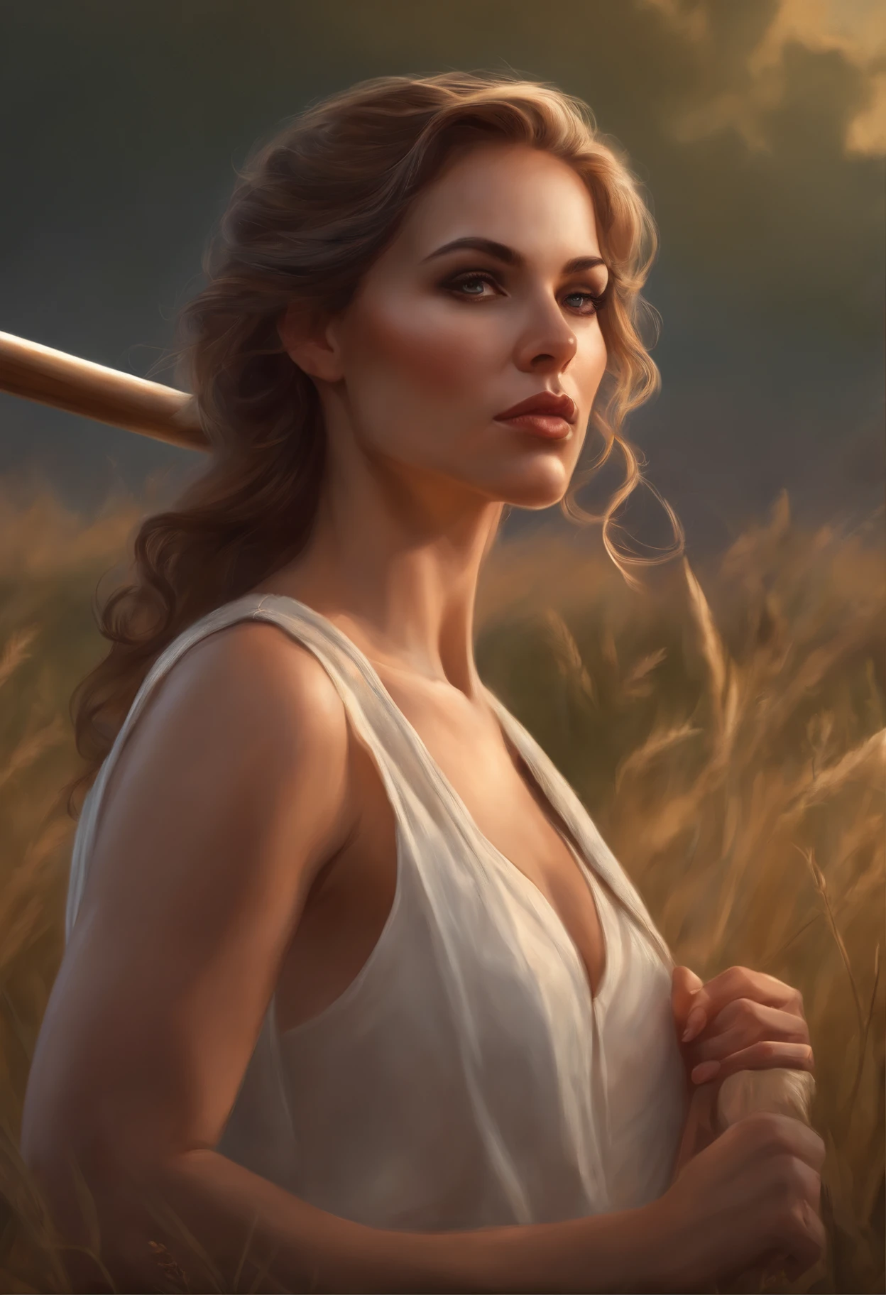 Woman holding a baseball bat in a field, patomically correctly drawn physique, graphic artist magali villeneuve, artgerm julie bell beeple, realistic fantasy illustration, realistic fantasy painting, detailed painting 4 k, Fantasy digital painting, Greek Mythical Digital Painting, Fantasy genre portrait, inspired by Magali Villeneuve, inspired by Alexandre Cabanel, beautiful fantasy art portrait
