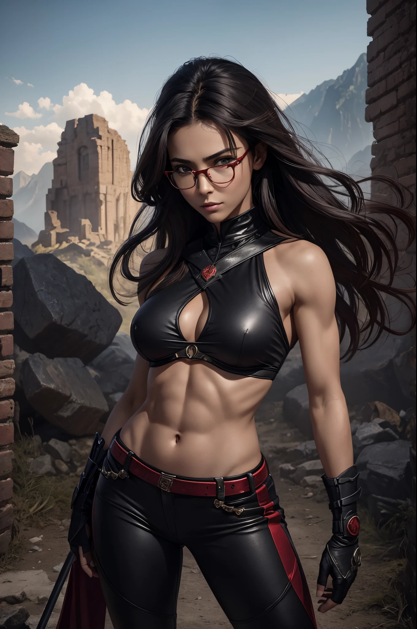 8K,very small breasts,cabelos preto e longos,A slender woman wearing luxurious red and black combat uniform is posing.,Super beauty(Like the real thing) very small breasts, lean body muscles,real looking skin,Thin glasses,cabelos preto e longos,Black eyes,red combat pants,Demon Slayer with very small breasts,digitalart, Angry gorgeous goddess, , 2 0 y. o model women, , 超A high resolution,A hyper-realistic,very small breasts,Rugged look,Fantasyart,character art,enticing,A sexy,Outside the ruins,in mountains,