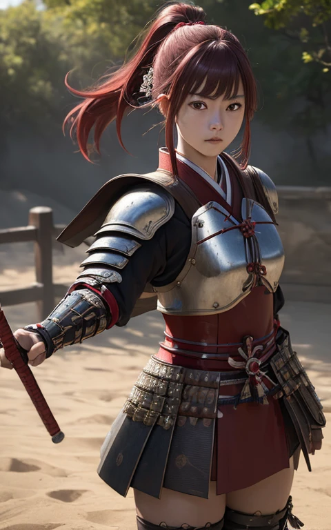 (masterpiece, best quality:1.4), (8k,raw photo, photo realistic:1.2), 1girl, japanese samurai, japanese armor, dark red hair, (dark brown eyes), in combat