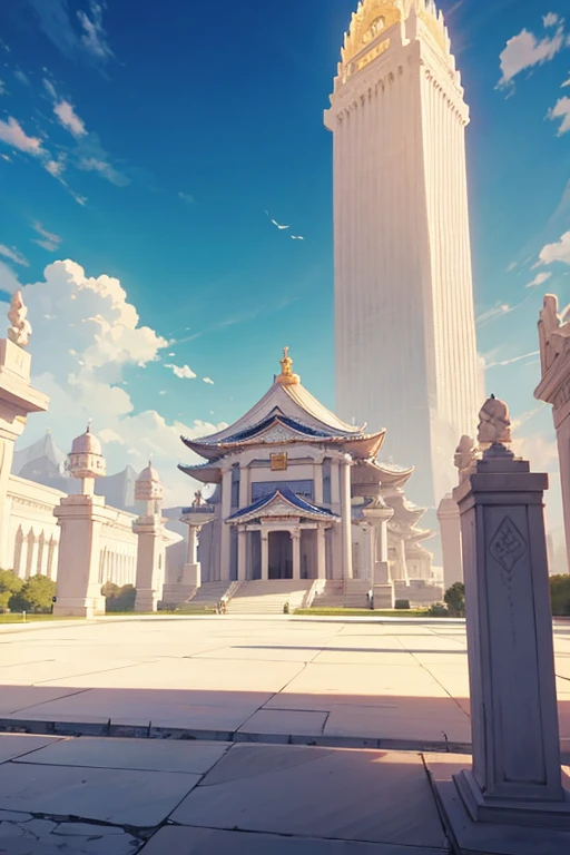 There is a huge white building,There is a large arch in the middle, palace background, anime scene, Anime background art, anime backgrounds, a temple background, screenshot from the anime film, Anime landscape concept art, arte de fundo, random background scene, beautiful anime scenes, Still from anime, background depicting a temple, Opening scene, highschool background, castle scene manga, Anime landscapes