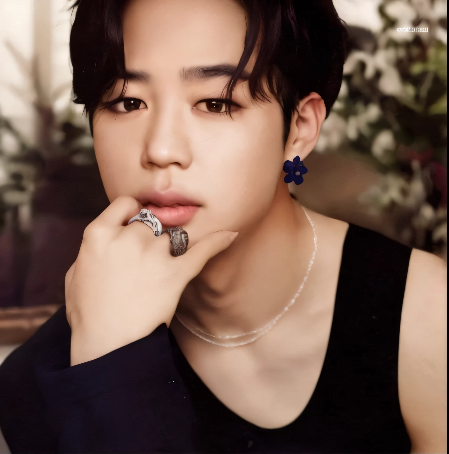 Araffe Asian man in a black shirt and a ring on his finger, Parque Jimin, Jimin\Nariz grego, Jimin\Plump lips, Jimin, Jimin\'s right eyelid swollen, Rosto Jimin preciso, Hyung Tae, TaeJune Kim, Hong June Hyung, Hyung Tae Kim, Jinyoung Canela, Jung Jaehyun, Ji-Min