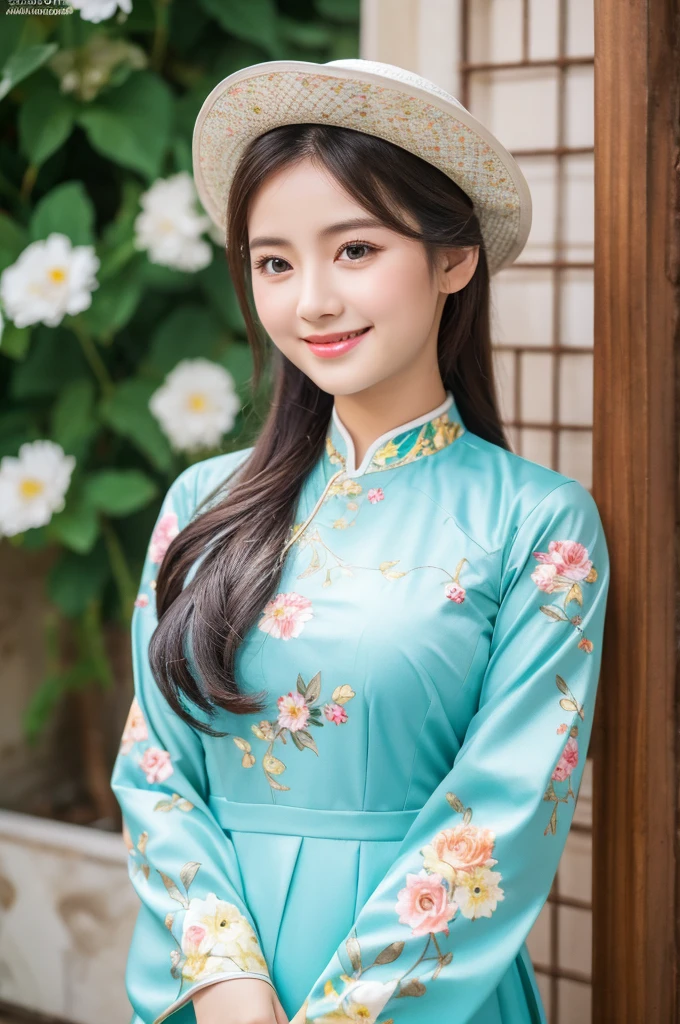 traditional clothes ,turqoise ao dai, ao dai, vietnamese girl, vietnam, vietnamese, satin, pretty girl, wide smile , long hair, Realistic lighting, delicate face, cute expression, Body perfect anatomy,Top Quality, 8K Resolution , full body , realistic , real human , High quality, shiny ao dai , realistic , Cinematic, Aesthetic , satin aodai, 22 year old girl, detailed and beautiful face and eyes,beautiful woman, floral patterns, flowers, flower design, flower pattern, cute woman