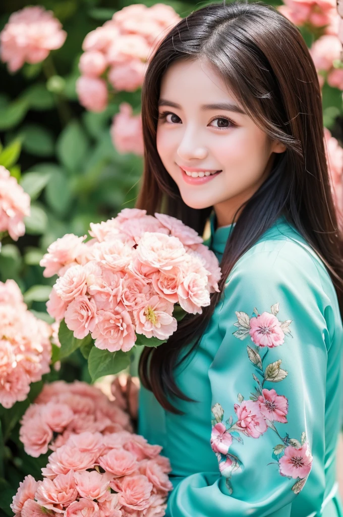 traditional clothes ,turqoise ao dai, ao dai, vietnamese girl, vietnam, vietnamese, satin, pretty girl, wide smile , long hair, Realistic lighting, delicate face, cute expression, Body perfect anatomy,Top Quality, 8K Resolution , full body , realistic , real human , High quality, shiny ao dai  , realistic , Cinematic, Aesthetic , satin aodai, 22 year old girl, detailed and beautiful face and eyes,beautiful woman, floral patterns, flowers, flower design, flower pattern, cute woman