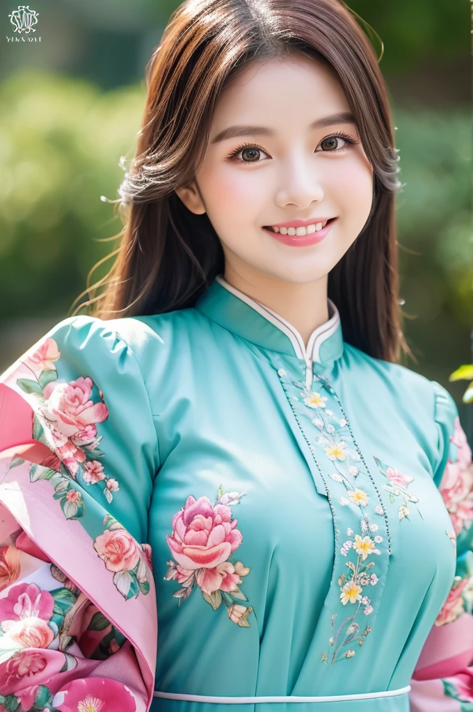 traditional clothes ,turqoise ao dai, ao dai, vietnamese girl, vietnam, vietnamese, satin, pretty girl, wide smile , long hair, Realistic lighting, delicate face, cute expression, Body perfect anatomy,Top Quality, 8K Resolution , full body , realistic , real human , High quality, shiny ao dai  , realistic , Cinematic, Aesthetic , satin aodai, 22 year old girl, detailed and beautiful face and eyes,beautiful woman, floral patterns, flowers, flower design, flower pattern, cute woman