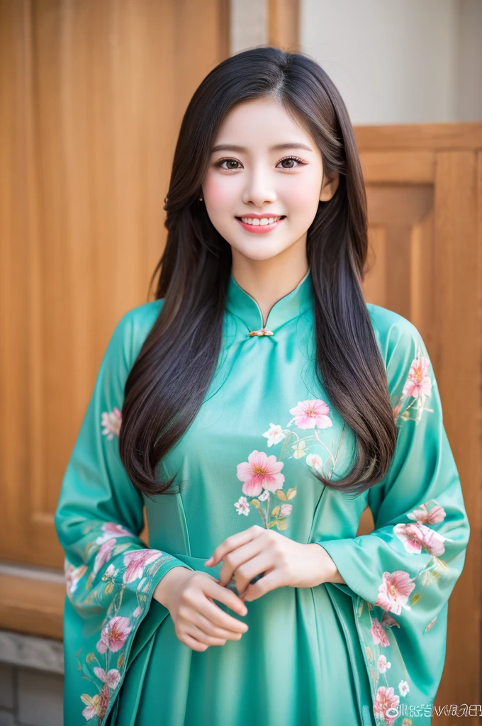 traditional clothes ,turqoise ao dai, ao dai, vietnamese girl, vietnam, vietnamese, satin, pretty girl, wide smile , long hair, Realistic lighting, delicate face, cute expression, Body perfect anatomy,Top Quality, 8K Resolution , full body , realistic , real human , High quality, shiny ao dai , realistic , Cinematic, Aesthetic , satin aodai, 22 year old girl, detailed and beautiful face and eyes,beautiful woman, floral patterns, flowers, flower design, flower pattern, cute woman