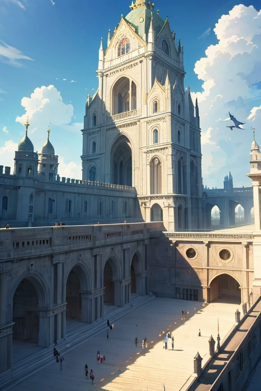 There is a picture of a large building with a gate, palace background, Bastion Gateway, anime scene, Anime background art, bird face, Opening scene, Anime background main vision, anime backgrounds, in the anime film, animation still frame, Anime landscape concept art, screenshot from the anime film, 2 0 1 9 animation screenshots, Anime landscapes, beautiful anime scenes