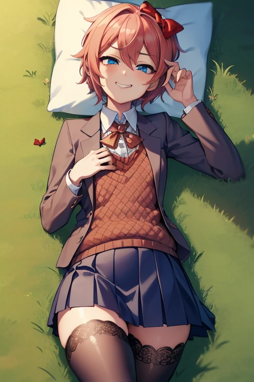 ddlcsayori, ddlcsayori, blue eyes, hair between eyes, hair bow, hair ornament, pink hair, ((red bow:1.4)), short hair,
BREAK blue skirt, pleated skirt, school uniform, skirt, brown jacket, jacket,
BREAK looking at viewer,
BREAK playground background, outdoors,
BREAK (masterpiece:1.2), best quality, high resolution, unity 8k wallpaper, (illustration:0.8), (beautiful detailed eyes:1.6), extremely detailed face, perfect lighting, extremely detailed CG, (perfect hands, perfect anatomy), ((lying on back on grass:1.4)), ((hands on chest:1.4)), ((black stockings:1.4)) ((ahegao:1.5)), ((Show legs:1.4)), ((black loafers:1.4)), ((sky from above:1.4)), ((smug face:1.4))