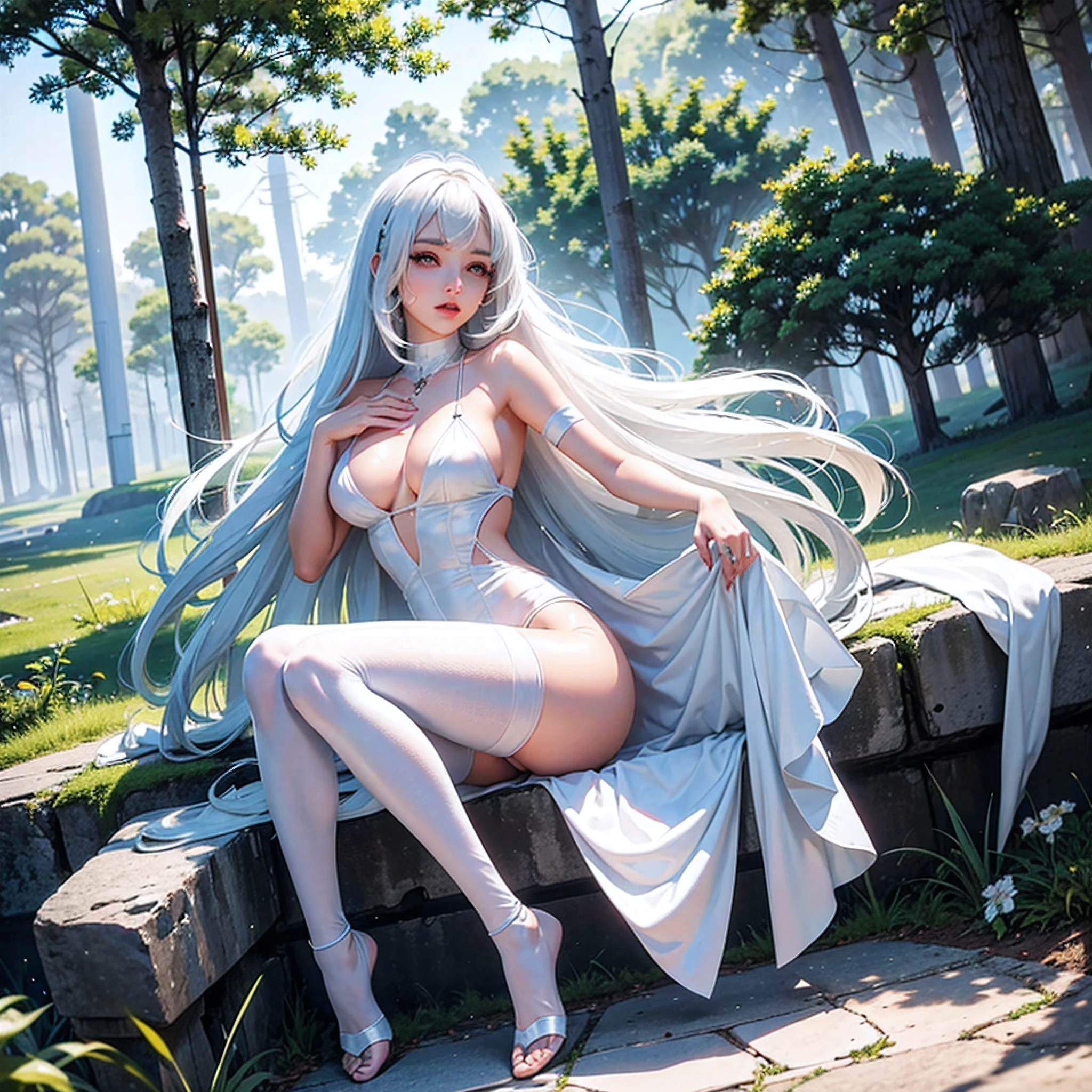 White silk pantyhose,with her mouth open,,Cute nose,Cute and beautiful girl,The legs are relatively long,Breasts are more realistic,Face me below,The eyes are relatively large,good facial features,Long gray hair,Obscenity exposed,The eyeballs are relatively large,sparkle in eyes,Tender feet,The nose is relatively large,white color hair,no shoe,Pretty big breasts,bathing suit,at a forest,Expose your hands on your chest,legs long,The face is super pretty