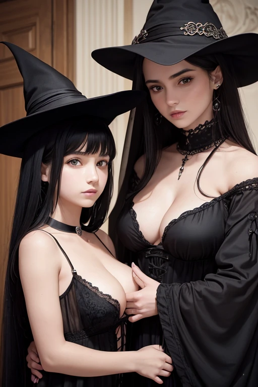two sisters of different ages, lesbians, one child girl with small breast, detailed face, black hair, long hair, sexy, arrogant witches, cahotlic, gothic, nsfw
