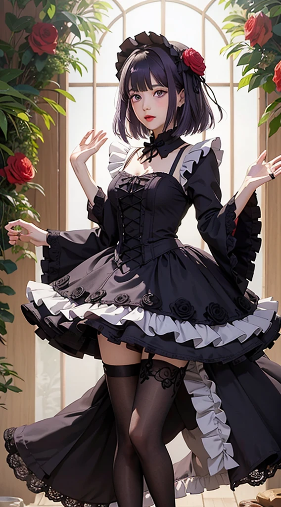 MarinLora, blush, short hair, black hair, hair ornament, thighhighs, long sleeves, dress, purple eyes, purple hair, flower, pantyhose, hairband, frills, hair flower, wide sleeves, apron, black dress, , rose, floral print, lace, ****ta fashion, gothic ****ta, (((dynamic pose))), ((Fullbody))