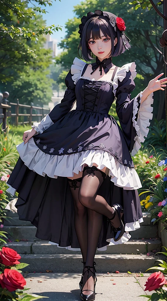 MarinLora, blush, short hair, black hair, hair ornament, thighhighs, long sleeves, dress, purple eyes, purple hair, flower, pantyhose, hairband, frills, hair flower, wide sleeves, apron, black dress, , rose, floral print, lace, ta fashion, gothic loli(((dynamic pose))), ((Fullbody))