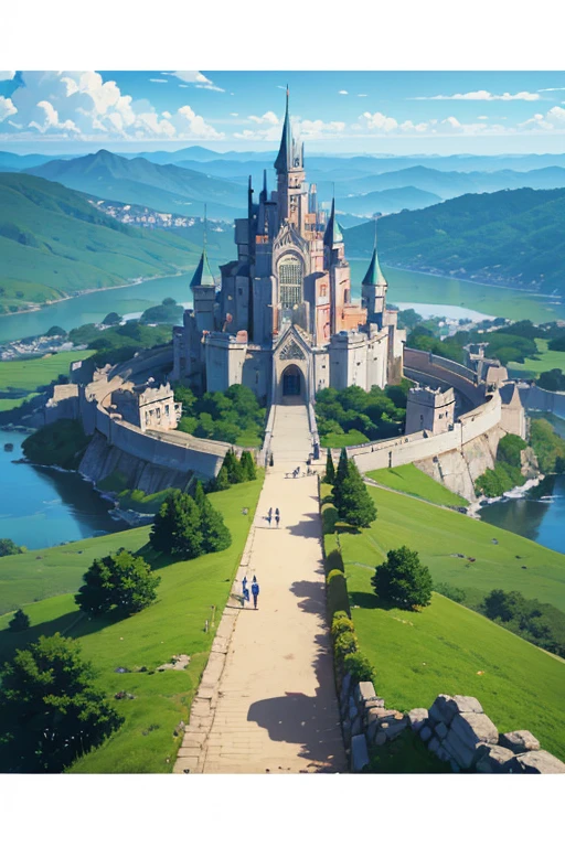 (best quality,highres,masterpiece:1.2),ultra-detailed,realistic,castle,fortress gateway,detailed palace background,anime-style scene,anime background art,bird's-eye view,opening scene,anime background visual concept,anime background,in an animated movie,anime still frame,anime landscape concept art,animation movie screenshot,2019 animation screenshot,beautiful anime scenery,anime scene