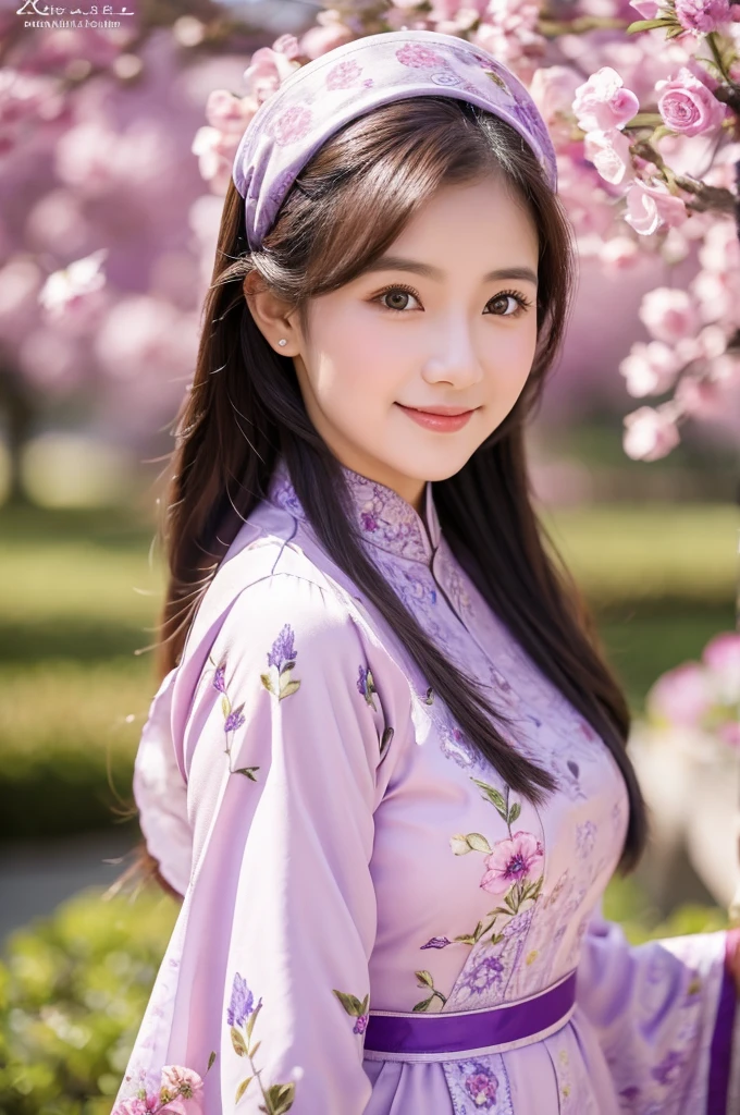 traditional clothes ,purple ao dai, ao dai, vietnamese girl, vietnam, vietnamese, satin, pretty girl, wide smile , long hair, Realistic lighting, delicate face, cute expression, Body perfect anatomy,Top Quality, 8K Resolution , full body , realistic , real human , High quality, shiny ao dai , realistic , Cinematic, Aesthetic , satin aodai, 22 year old girl, detailed and beautiful face and eyes,beautiful woman, floral patterns, flowers, flower design, flower pattern, cute woman