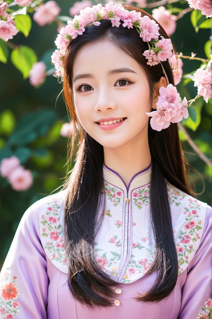 traditional clothes ,purple ao dai, ao dai, vietnamese girl, vietnam, vietnamese, satin, pretty girl, wide smile , long hair, Realistic lighting, delicate face, cute expression, Body perfect anatomy,Top Quality, 8K Resolution , full body , realistic , real human , High quality, shiny ao dai  , realistic , Cinematic, Aesthetic , satin aodai, 22 year old girl, detailed and beautiful face and eyes,beautiful woman, floral patterns, flowers, flower design, flower pattern, cute woman