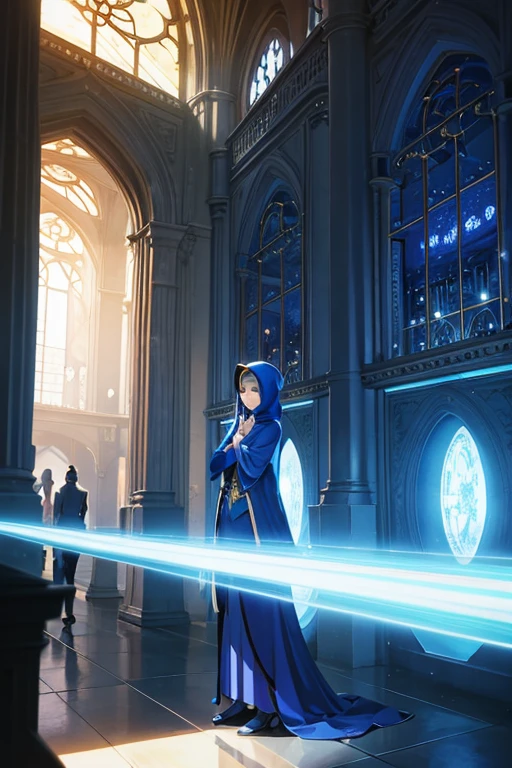 Animation scene of woman wearing blue hijab in library, standing inside a magic library, stand in front, outerspace, screenshot from the anime film, dressed in a blue cloak, Screenshot of the 2012 animation, Another world comics panel, typical anime classroom, TV animation stills, anime scene, Today’s recommended anime is still