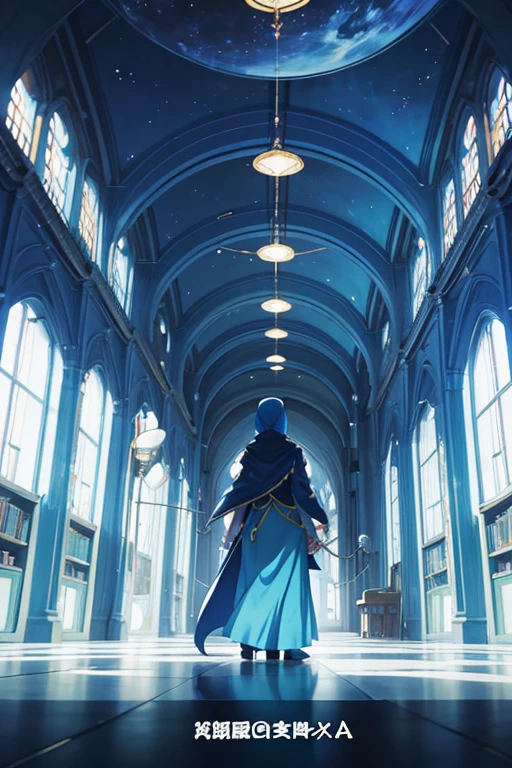 Animation scene of woman wearing blue hijab in library, standing inside a magic library, stand in front, outerspace, screenshot from the anime film, dressed in a blue cloak, Screenshot of the 2012 animation, Another world comics panel, typical anime classroom, TV animation stills, anime scene, Today’s recommended anime is still