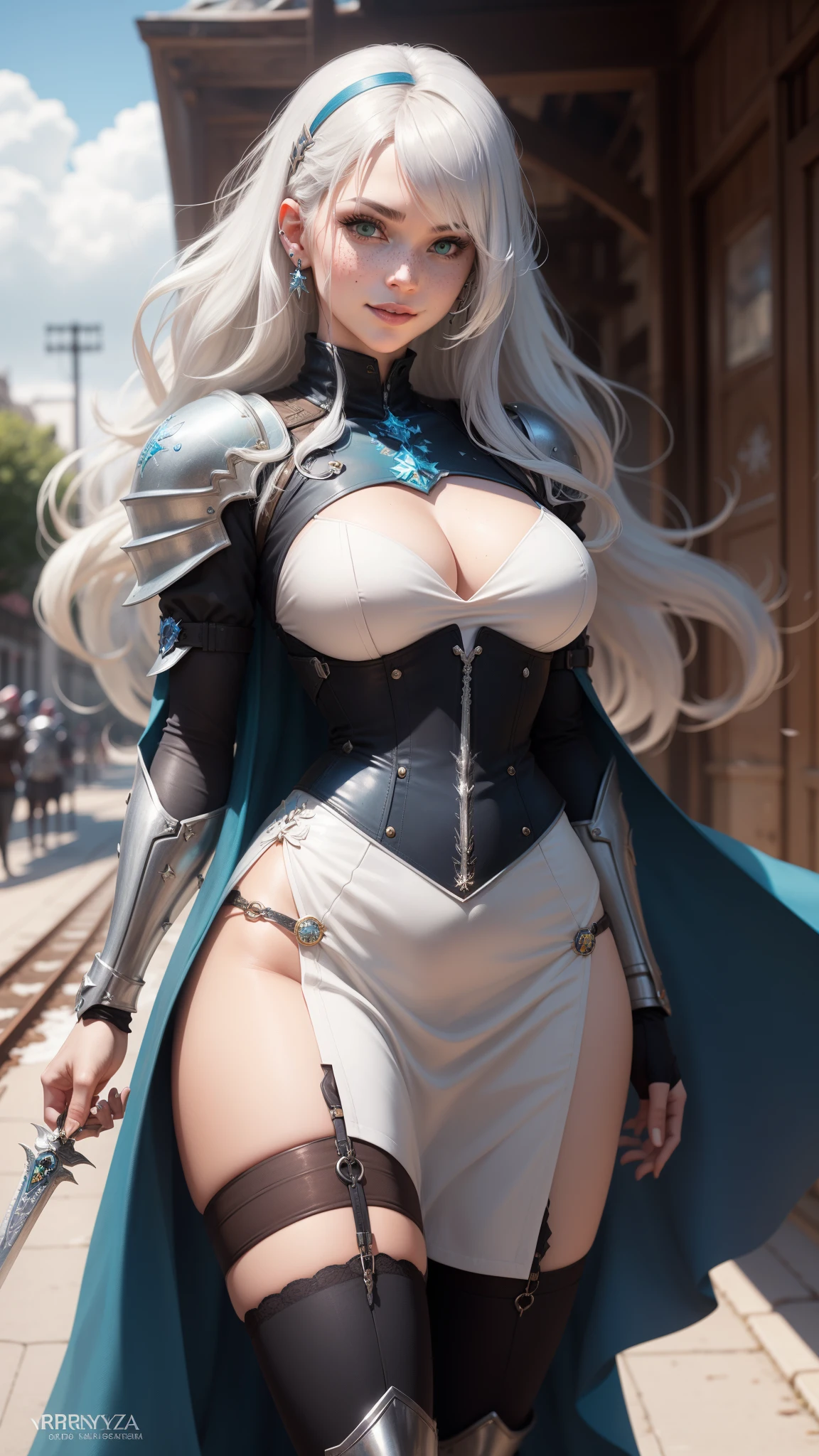 gwen tennyson,yorha 2b,tracer,y'shtola rhul,solo girl,overwatch,atelier ryza,close up,valley view,tattoos,royal blue and white plugsuit,white short sleeve knight top,steel full plate knight armor,long knight skirt,steel knight corset,long curly hair,princess makeup,green eyes,multicolored silver hair,long dress train,sexy smile,freckles,beautiful girl,knight thigh high boots,large breasts,8k,ultra detailed,realistic,fantasy art,silver knight uniform,queen gown dress,ear piercings,snowflake hand and neck jewelry,(weather:windy),long royal blue knight coat,magic castle,silver hair pin,crystal sword,