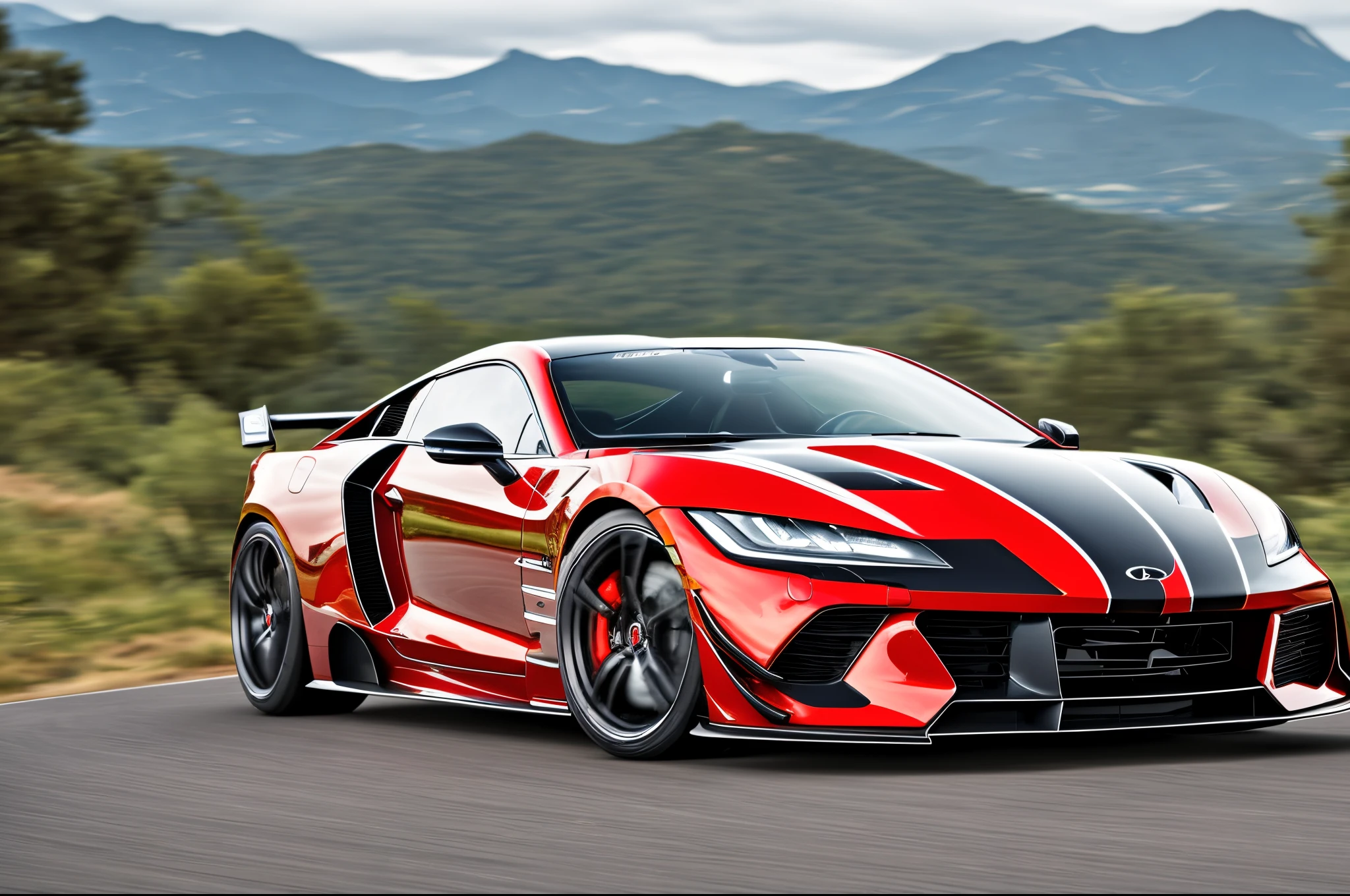 a photo taken of the front of a super-car drifting on a road near mountains at high speeds with smokes coming off the tires, front angle, front point of view, trees in the mountains of the background, ((sharp focus)) . photorealistic --auto --s2