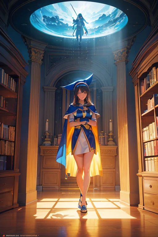 Menerjemahkan teks dengan kamera
a woman in a blue dress is sitting on a pile of books holding a mobile legends character's magic wand