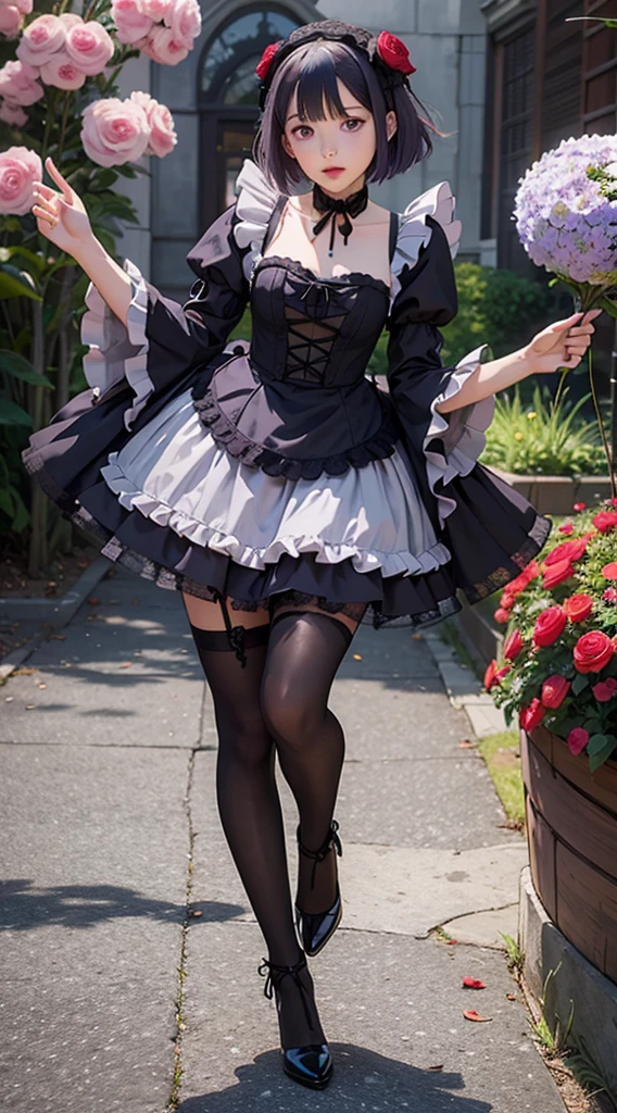 MarinLora, blush, short hair, black hair, hair ornament, thighhighs, long sleeves, dress, purple eyes, purple hair, flower, pantyhose, hairband, frills, hair flower, wide sleeves, apron, black dress, , rose, floral print, lace, lolita fashion, gothic lolita, (((dynamic pose))), ((Fullbody)), (lean forward:1.5)