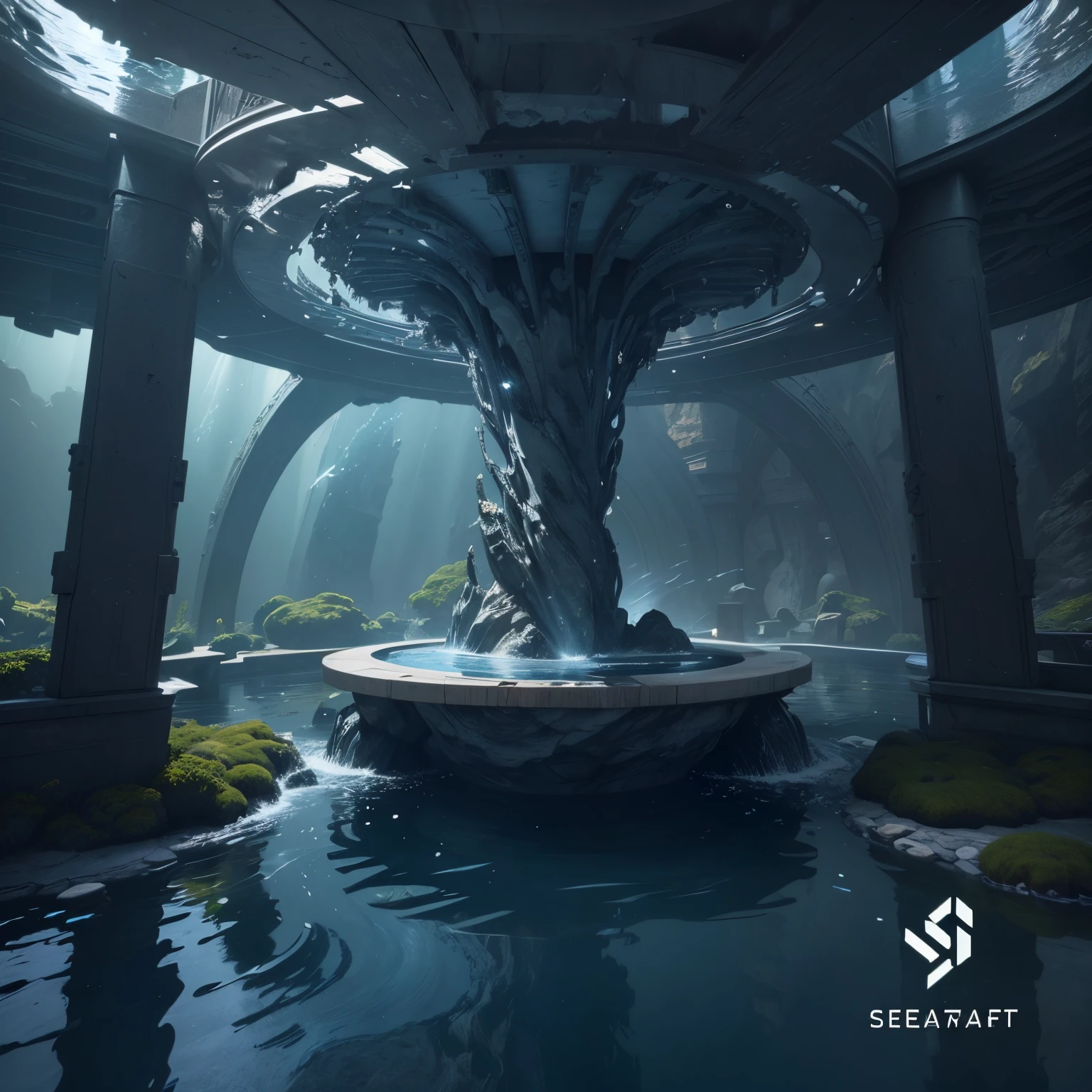 ((SeaArt Logo)) !Highest quality! Masterpiece! Cinematic image. 3D visualization. The scene was recreated using Unreal Engine. The highest quality, details, textures, materials, and clear forms (smooth bionic, synthetic material, artificial stone, plastic, metal). Black radiance from the depths of forms, an alien ship, an alien civilization, alien worlds. One creature. Frontal camera view, perspective, with watery ceilings, deep grotto, and membrane floor.