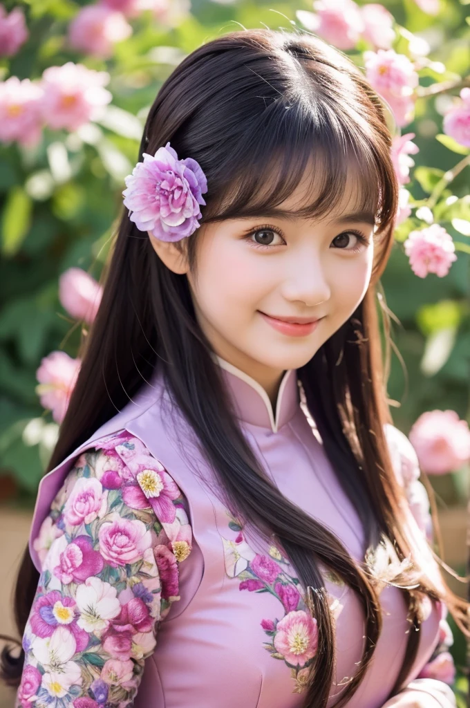 traditional clothes ,dark purple ao dai, ao dai, vietnamese girl, vietnam, vietnamese, satin, pretty girl, wide smile , long hair, Realistic lighting, delicate face, cute expression, Body perfect anatomy,Top Quality, 8K Resolution , full body , realistic , real human , High quality, shiny ao dai , realistic , Cinematic, Aesthetic , satin aodai, 22 year old girl, detailed and beautiful face and eyes,beautiful woman, floral patterns, flowers, flower design, flower pattern, cute woman
