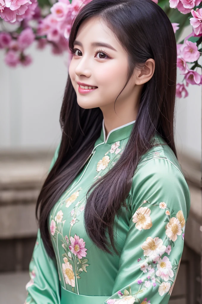 traditional clothes ,dark purple ao dai, ao dai, vietnamese girl, vietnam, vietnamese, satin, pretty girl, wide smile , long hair, Realistic lighting, delicate face, cute expression, Body perfect anatomy,Top Quality, 8K Resolution , full body , realistic , real human , High quality, shiny ao dai , realistic , Cinematic, Aesthetic , satin aodai, 22 year old girl, detailed and beautiful face and eyes,beautiful woman, floral patterns, flowers, flower design, flower pattern, cute woman