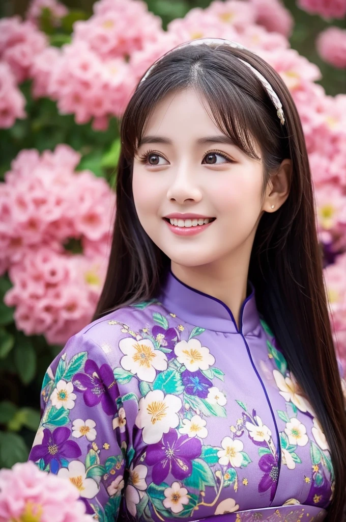 traditional clothes ,dark purple ao dai, ao dai, vietnamese girl, vietnam, vietnamese, satin, pretty girl, wide smile , long hair, Realistic lighting, delicate face, cute expression, Body perfect anatomy,Top Quality, 8K Resolution , full body , realistic , real human , High quality, shiny ao dai , realistic , Cinematic, Aesthetic , satin aodai, 22 year old girl, detailed and beautiful face and eyes,beautiful woman, floral patterns, flowers, flower design, flower pattern, cute woman