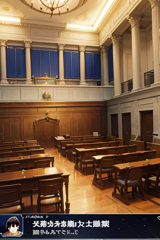 There was a room，There are many books and a blue bird inside, court room, in court, typical anime classroom, court room, Courtroom scene, in court, Screenshot of the 2012 animation, ace attorney style, set in bank vault room, ace attorney, in the throne room, Phoenix Wright Ace Lawyer, court bench, witness stand