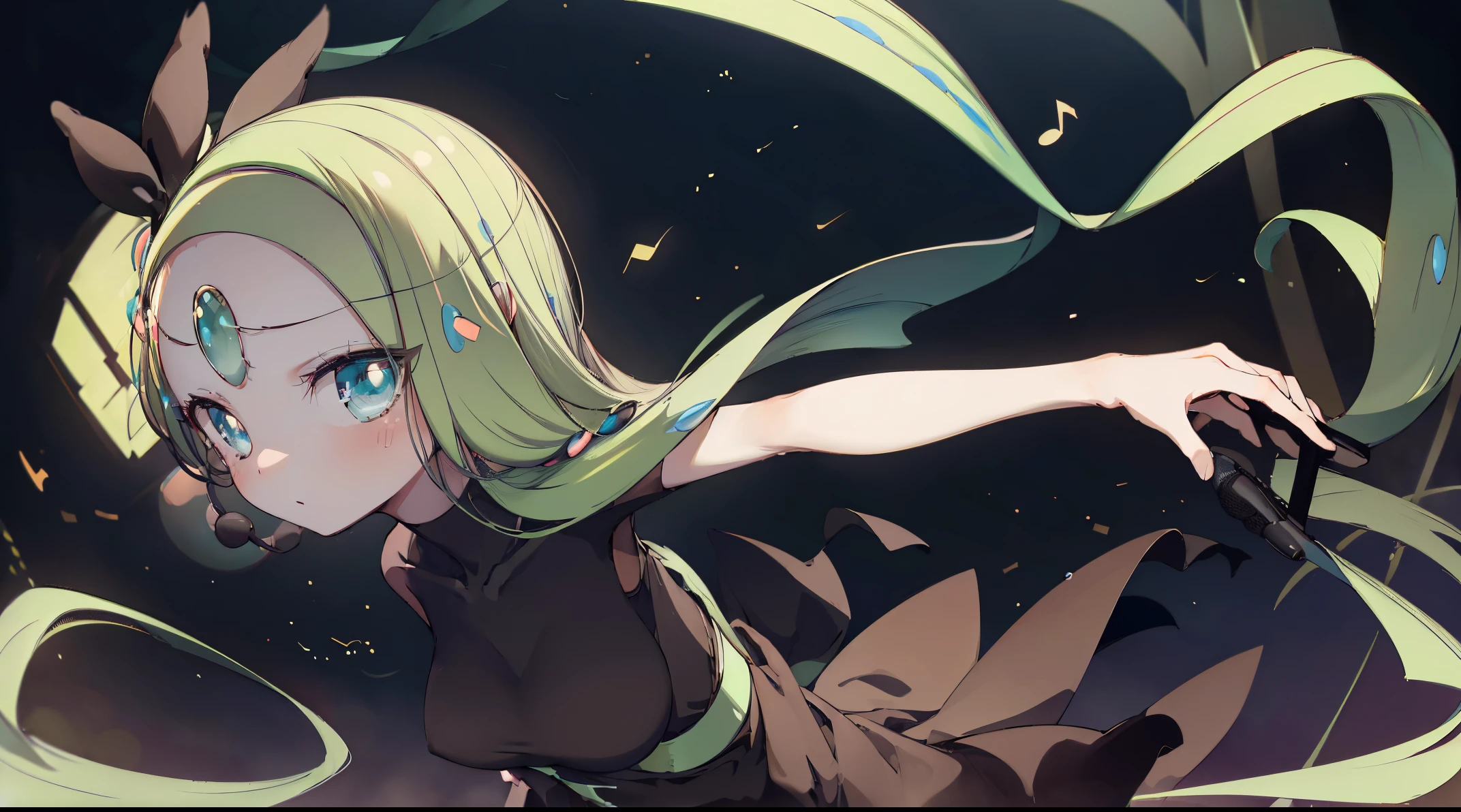 ((4k, masterpiece, top-quality)),8k, best quality, high resolution, HD, unity 8k wallpaper, (illustration:0.8), (beautiful detailed eyes:1.6), extremely detailed face, perfect lighting, extremely detailed CG, (perfect hands, perfect anatomy), super complex details, intricate details, white skin, green hair, blue eyes, musical note, microphone, black dress, a music note-shaped headset with a microphone, Pokemon, meloetta, meloettta, meloetta \(aria\),