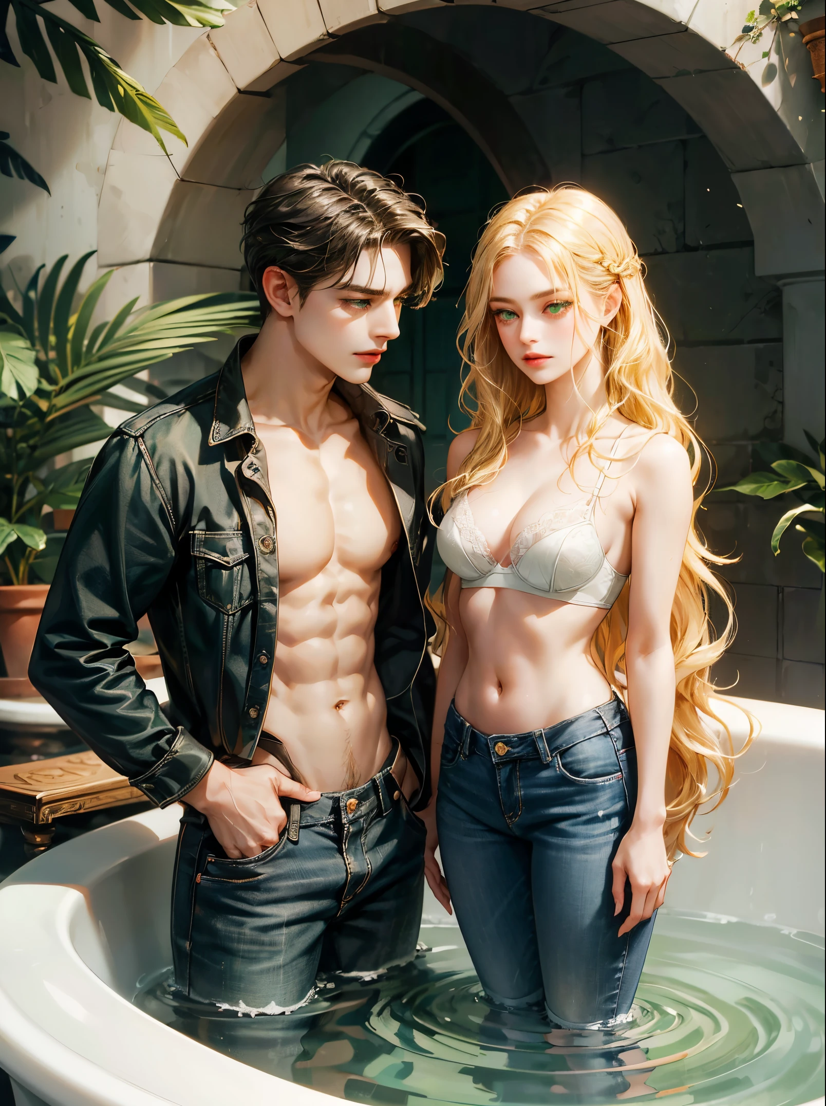 Couple, 1 girl 1 boy, different hair color, long blonde hair, wavy hair, no bangs, grey eyes. She wears bra and underwear. Short black hair, wavy and (green eyes) shirtless and jeans, height different, detailed eyes, face, hand. They are standing inside a circle tub with water. Full Figure.