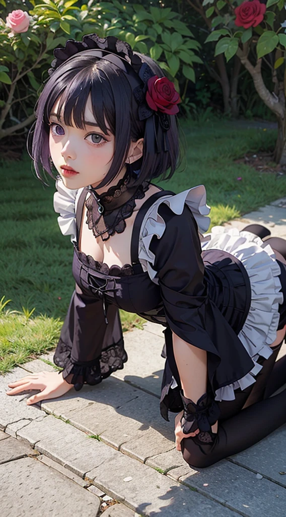 MarinLora, blush, short hair, black hair, hair ornament, thighhighs, long sleeves, dress, purple eyes, purple hair, flower, pantyhose, hairband, frills, hair flower, wide sleeves, apron, black dress, , rose, floral print, lace, ****ta fashion, gothic ****ta, (((dynamic pose))), ((Fullbody)), (lean forward:1.5), (crawl on all fours:1.2),