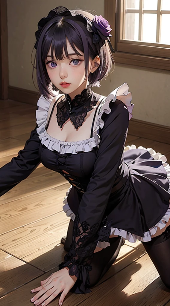 MarinLora, blush, short hair, black hair, hair ornament, thighhighs, long sleeves, dress, purple eyes, purple hair, flower, pantyhose, hairband, frills, hair flower, wide sleeves, apron, black dress, , rose, floral print, lace, ****ta fashion, gothic ****ta, (((dynamic pose))), ((Fullbody)), (lean forward:1.5), (crawl on all fours:1.2),