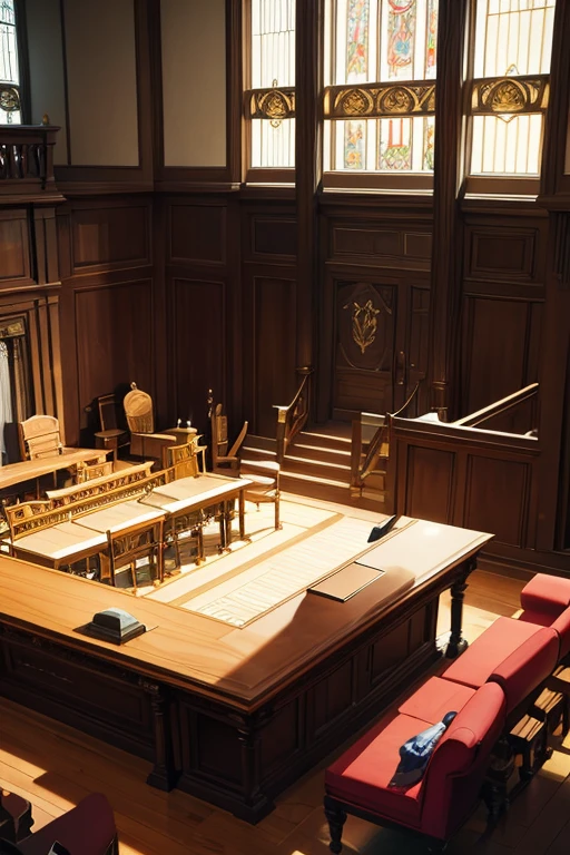 best quality,4k,8k,highres,masterpiece:1.2,ultra-detailed,(realistic,photorealistic,photo-realistic:1.37),brightly lit room,floor-to-ceiling bookshelves overflowing with various books,large window with sunlight streaming in,huge wooden table covered in legal documents,a majestic blue bird perched on a stack of books on the table,courtroom-esque setting with wooden paneling and intricate carvings,stately judge's bench with a gavel and judge's robe,typical anime-style classroom with chalkboard and desks arranged neatly,courtroom scene with a judge, a witness stand, and a gallery filled with spectators,animated screenshot from a 2012 anime series featuring dramatic courtroom scene,courtroom styled in the Ace Attorney series fashion,set in a bank vault,where Phoenix Wright, the famous defense attorney, is defending his client,on a throne room with elegant velvet curtains and golden accents,Phoenix Wright, the charismatic lawyer, passionately defending his client's case,wooden witness stand with a microphone,comfortable cushioned benches for the audience to observe the trial.