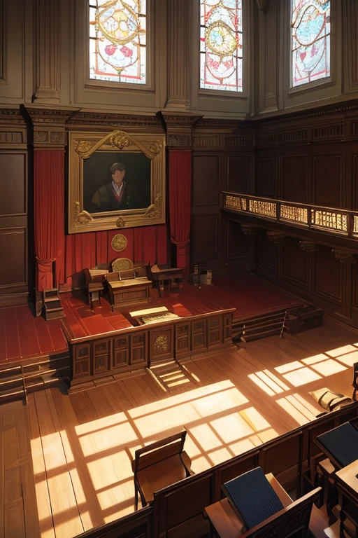 best quality,4k,8k,highres,masterpiece:1.2,ultra-detailed,(realistic,photorealistic,photo-realistic:1.37),brightly lit room,floor-to-ceiling bookshelves overflowing with various books,large window with sunlight streaming in,huge wooden table covered in legal documents,a majestic blue bird perched on a stack of books on the table,courtroom-esque setting with wooden paneling and intricate carvings,stately judge's bench with a gavel and judge's robe,typical anime-style classroom with chalkboard and desks arranged neatly,courtroom scene with a judge, a witness stand, and a gallery filled with spectators,animated screenshot from a 2012 anime series featuring dramatic courtroom scene,courtroom styled in the Ace Attorney series fashion,set in a bank vault,where Phoenix Wright, the famous defense attorney, is defending his client,on a throne room with elegant velvet curtains and golden accents,Phoenix Wright, the charismatic lawyer, passionately defending his client's case,wooden witness stand with a microphone,comfortable cushioned benches for the audience to observe the trial.