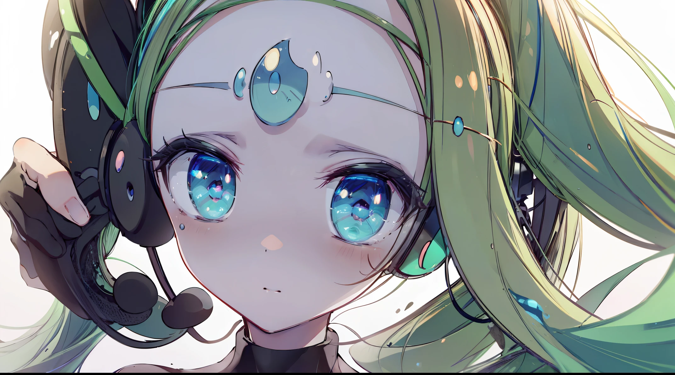 ((4k, masterpiece, top-quality)),8k, best quality, high resolution, HD, unity 8k wallpaper, (illustration:0.8), (beautiful detailed eyes:1.6), extremely detailed face, perfect lighting, extremely detailed CG, (perfect hands, perfect anatomy), super complex details, intricate details, white skin, green hair, blue eyes, musical note, microphone, black dress, a music note-shaped headset with a microphone, Pokemon, meloetta, meloettta, meloetta \(aria\),