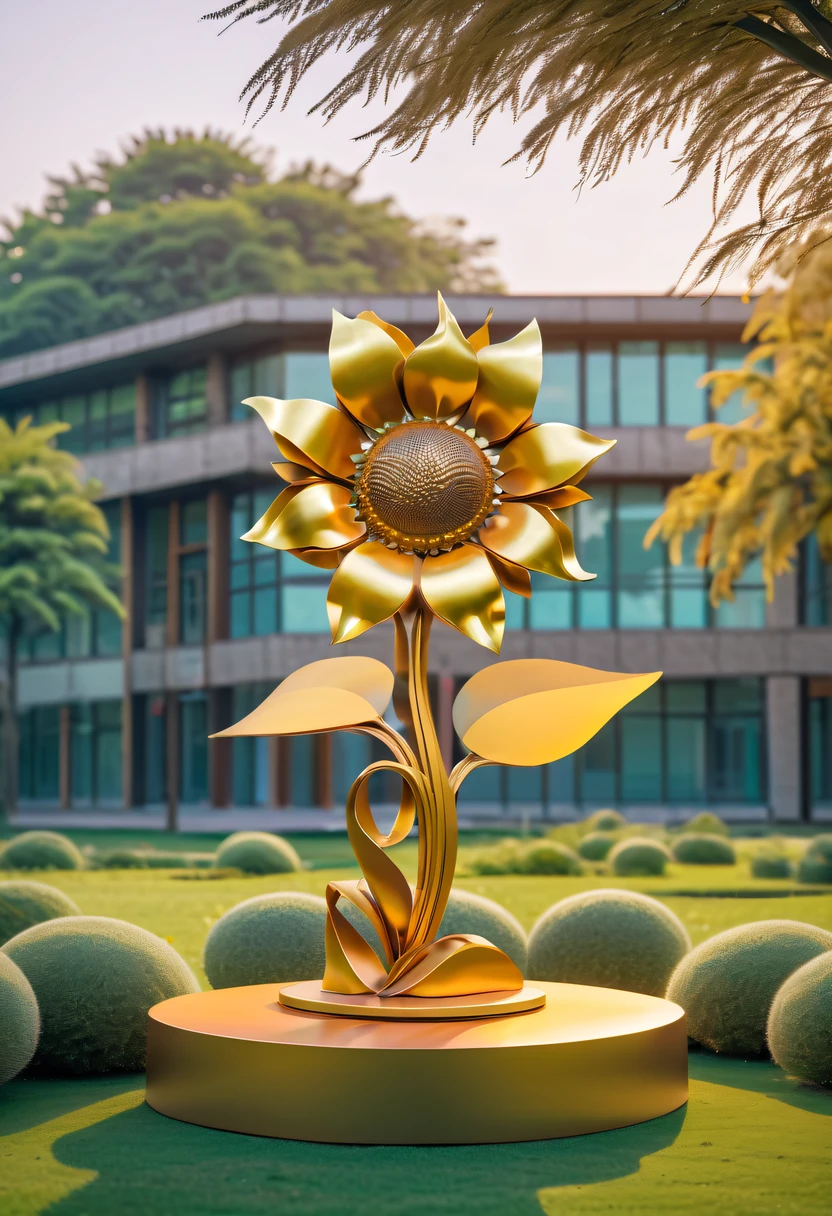 school sculpture，Cute teacher holding sunflower，on the school lawn，full iron，metalictexture，metallic  luster，vectorial art，Soft color palette，abstract sculpture，3D sculpture with abstract light，modern chinese literati，Gradient of color，hierarchical form，Futuristic sci-fi style metal three-dimensional sculpture，Whimsical three-dimensional metal sculptures，Ethereal style metal three-dimensional sculpture，