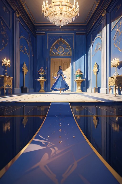 A woman in a blue dress walks along the corridor, exquisitely designed throne room, in the throne room, palace background, throne room, disney 2d animation still, light kingdom backdrop, cathedral background, by disney, inside a palace, frozen Claus film, dance hall background, from inside the huge palace, interior background art, royal palace interior, animated movie scene